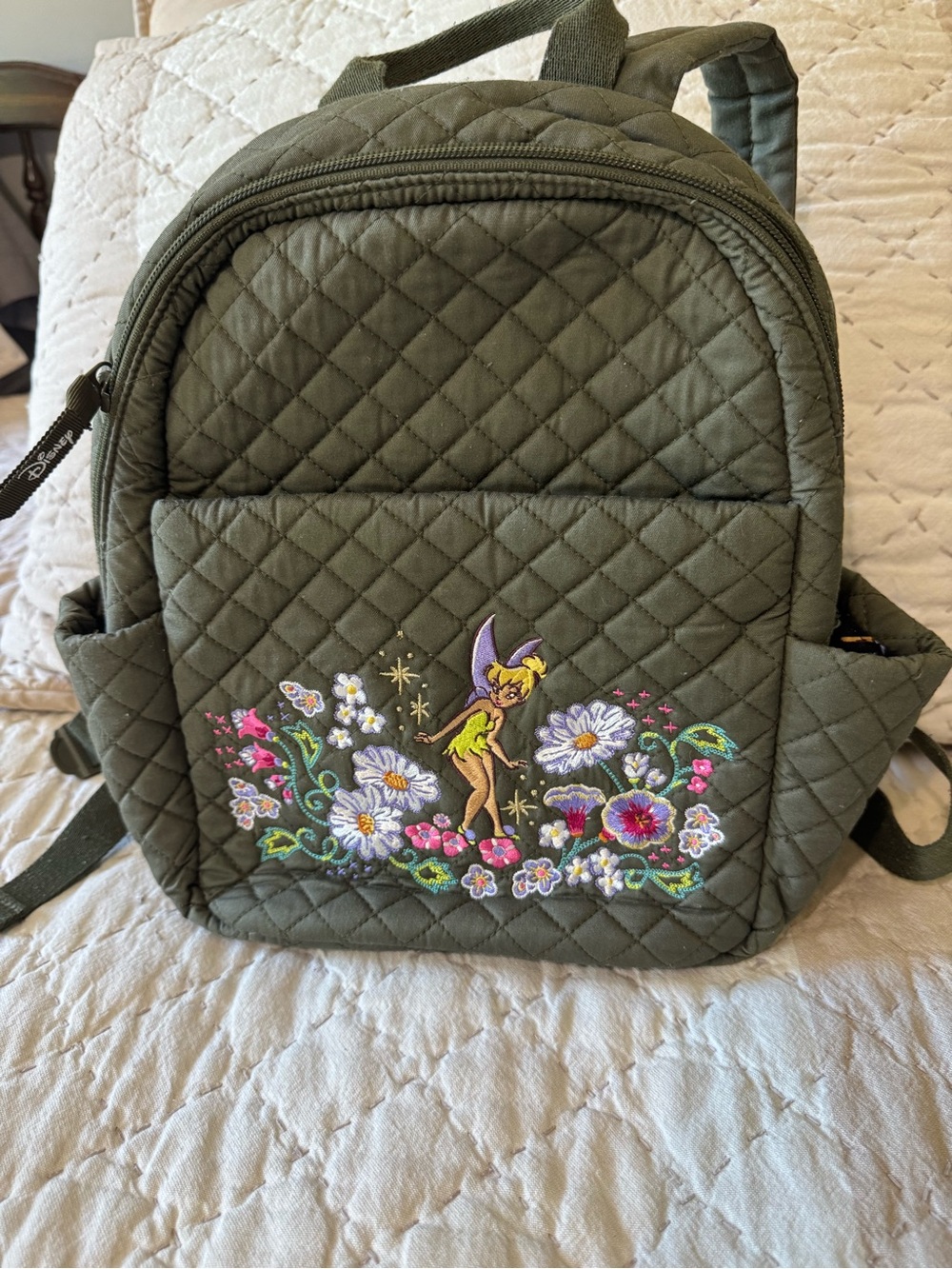 Tinker Bell Quilted Olive Green Floral Backpack